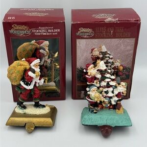 VTG Santa’s Workbench Stocking Holders Set Hand Painted Santa Elves Tree Mantel